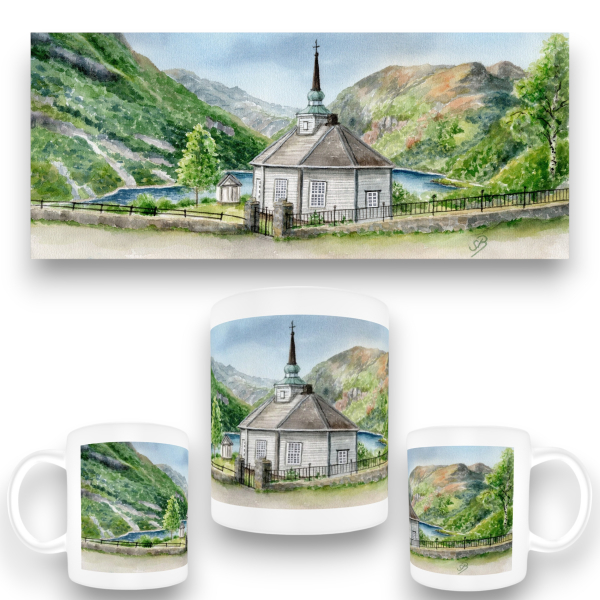 Cup Coffee Cup Mug watercolor art print Norway Norge Geiranger Fjord Church